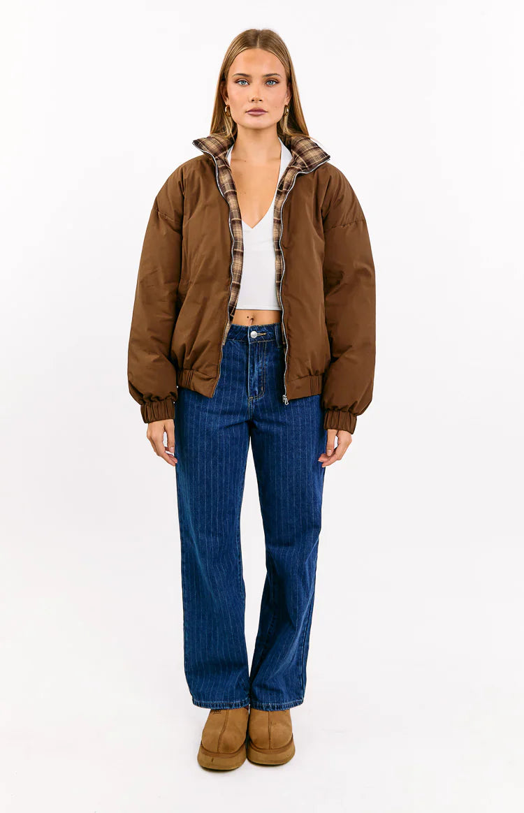 All I Wanted Puffer Jacket | Brown Plaid