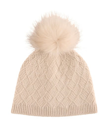 Amicale Cashmere | Women |Cashmere Basketweave Rib Hat W/ Fox Pom | Oatmeal