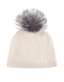 Amicale Cashmere | Women | Cashmere Basketweave Rib Hat W/ Fox Pom | Ivory