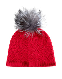 Amicale Cashmere | Women | Cashmere Basketweave Rib Hat W/ Fox Pom | Red