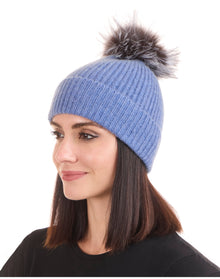 Amicale Cashmere | Women | Cashmere Chunky Rib Knit Hat With Fox Pom | Denim
