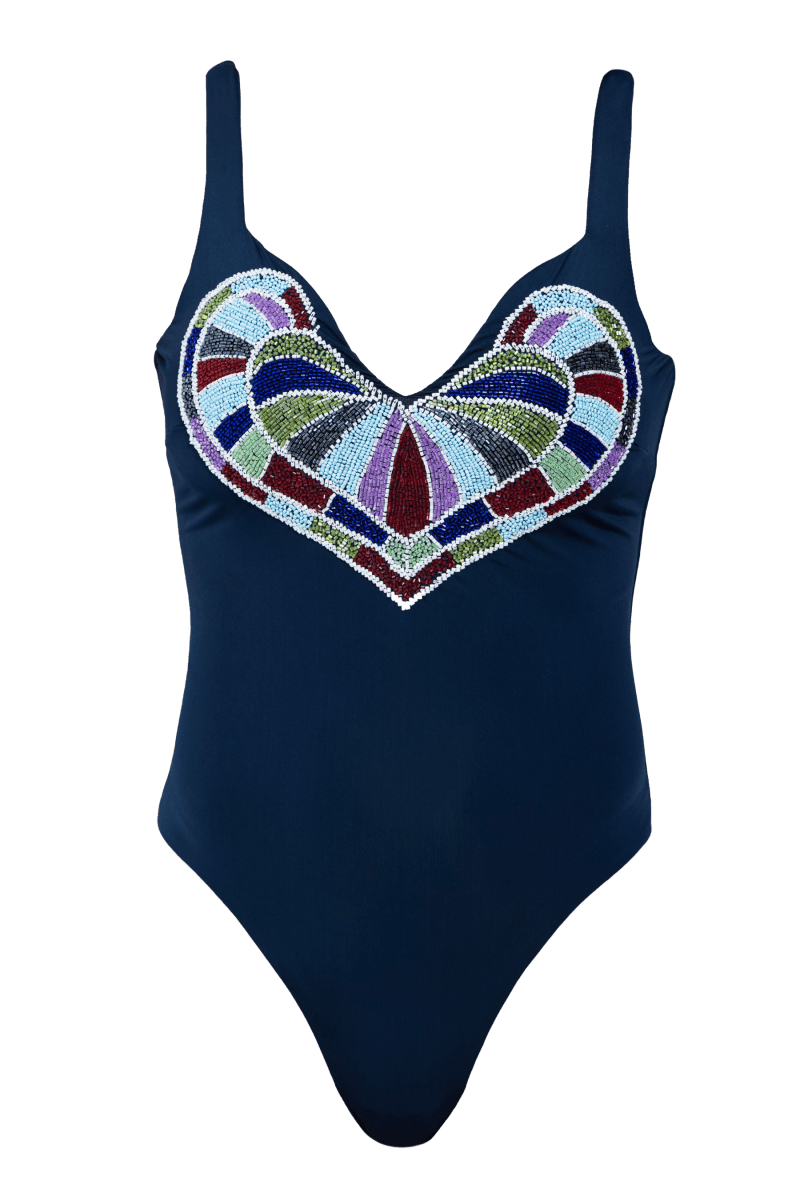 Amor Hand - Beaded Embellished One - Piece Swimsuit - Navy - Self - Adore