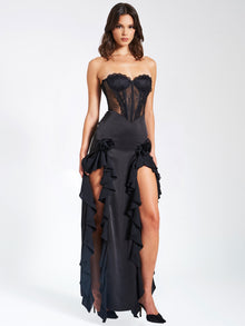 Talia Satin Lace Corset Maxi Dress | Black