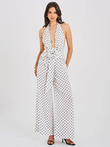 Oriana Halter Jumpsuit | White Polka Dots