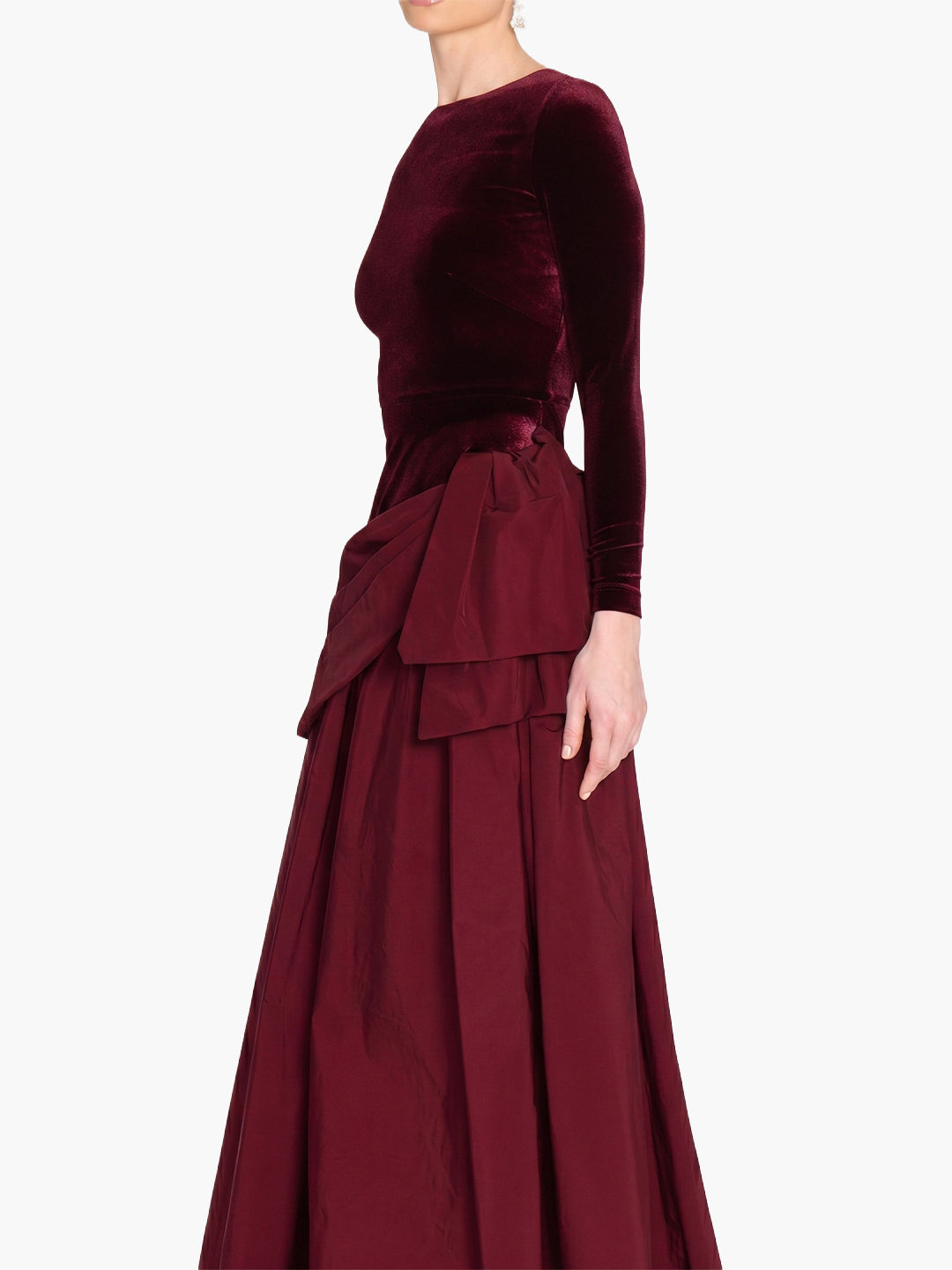 Stretch Velvet Long Sleeve Draped Bow Gown | Burgundy