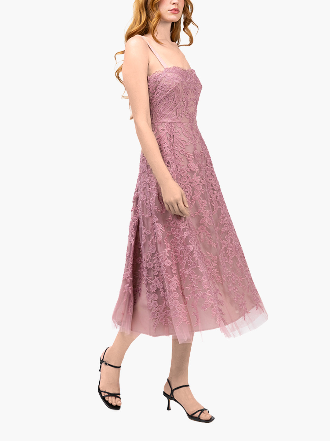 Mirrored Lace Floral Midi Dress | Rose