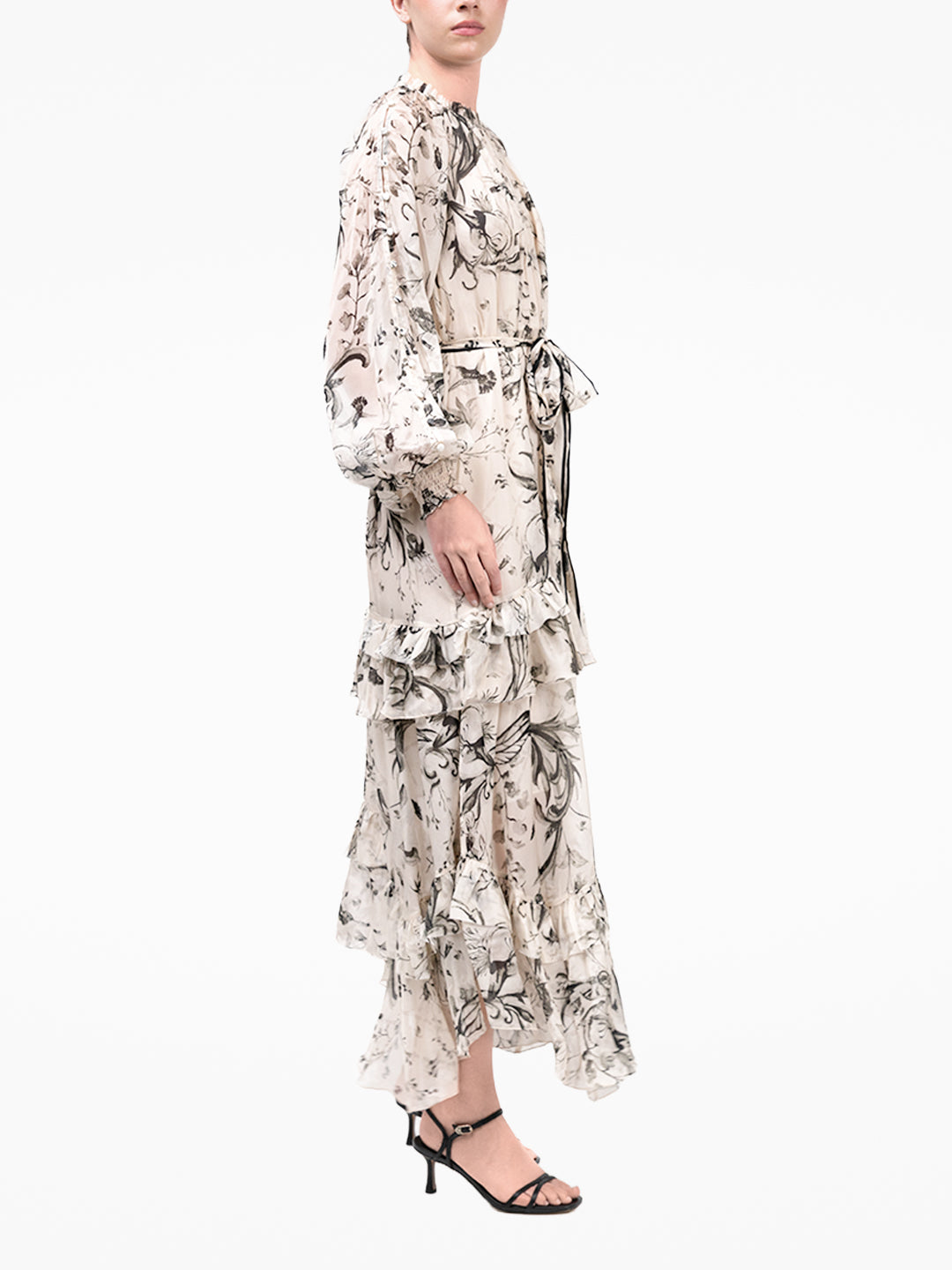Swan Print Chiffon Belted Maxi Dress | Stone