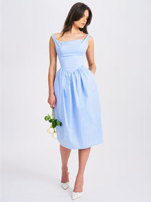 Reina Cotton Poplin Drop Waist Corset Midi Dress | Blue