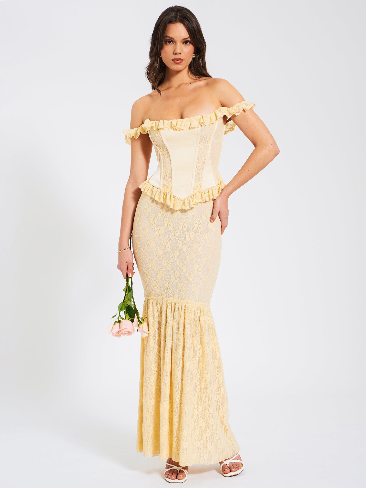 Ersilia Satin Lace Peplum Corset Off Shoulder Maxi Dress | Pale Yellow