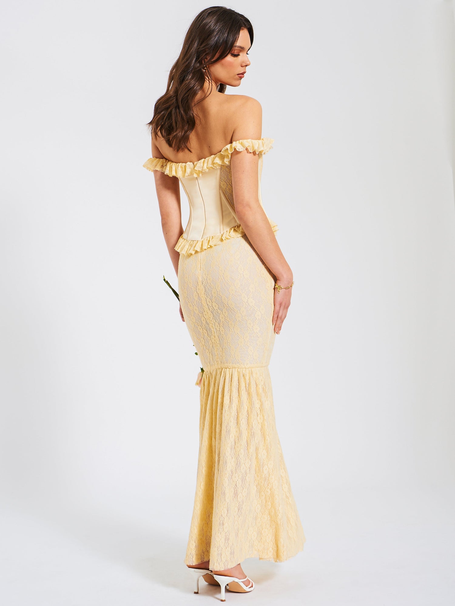Ersilia Satin Lace Peplum Corset Off Shoulder Maxi Dress | Pale Yellow