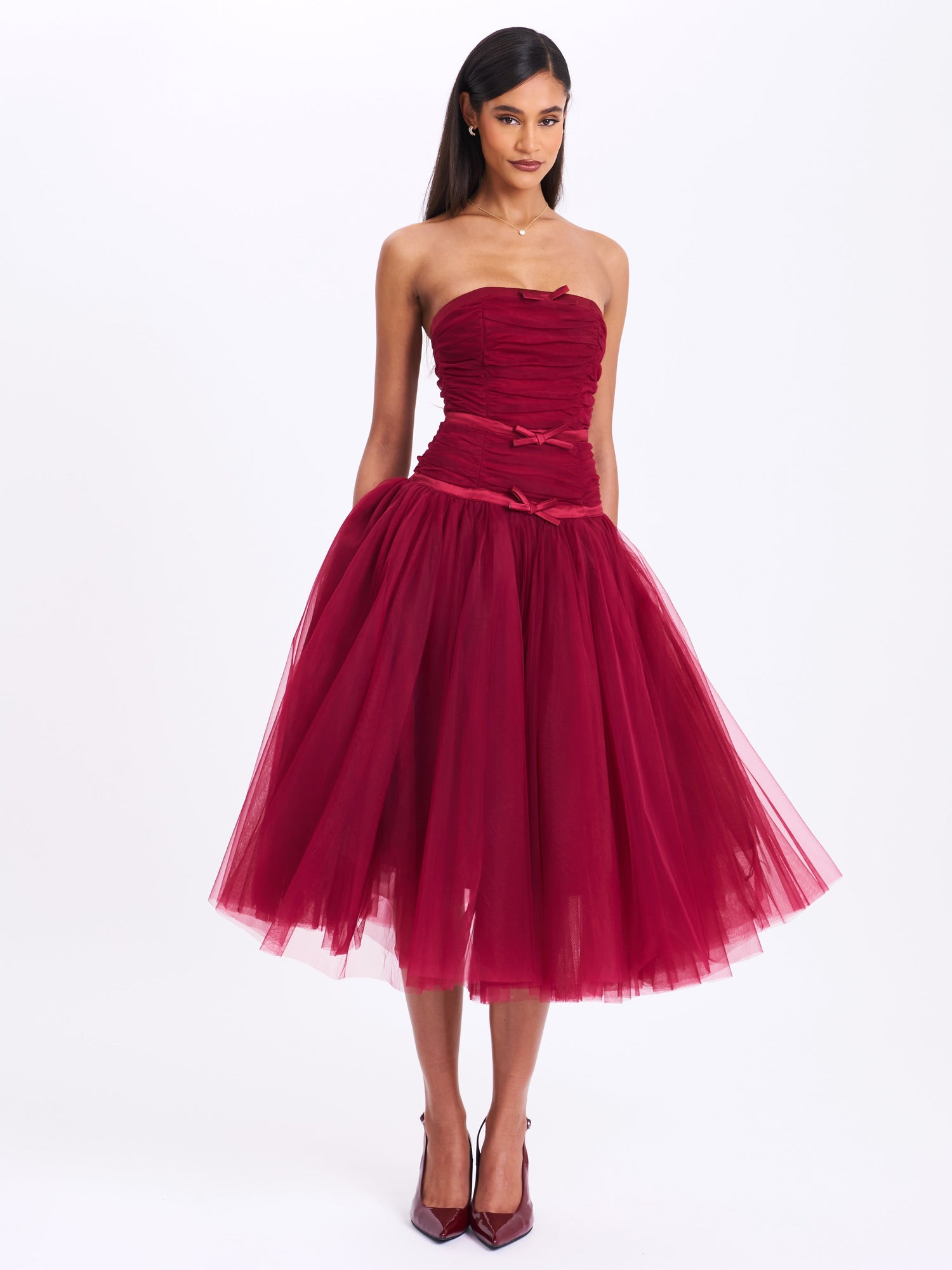 Mabel Drop Waist Layered Mesh Midi Puffy Dress with Bow | Burgundy