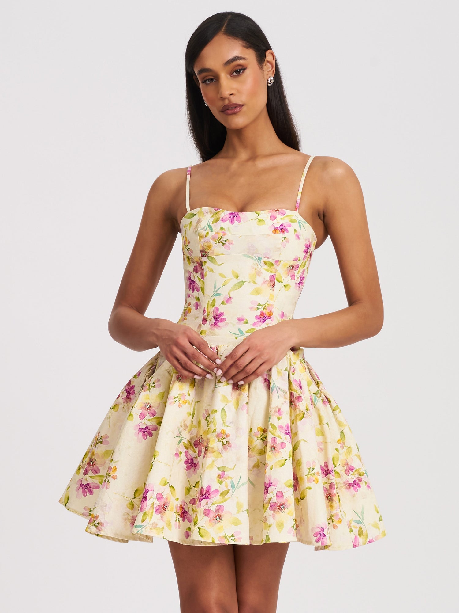 Valda Linen Mini Dress with Pockets | Yellow and Pink Print