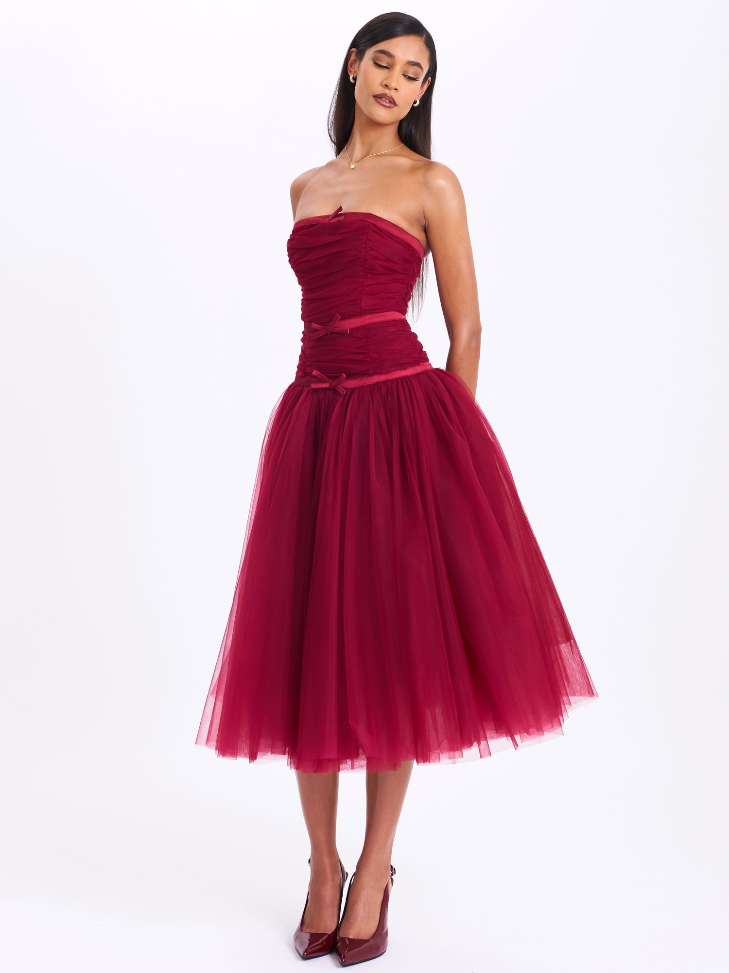 Mabel Drop Waist Layered Mesh Midi Puffy Dress with Bow | Burgundy