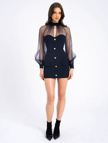Tabitha Mesh Lantern Sleeve Mini Dress | Navy Blue
