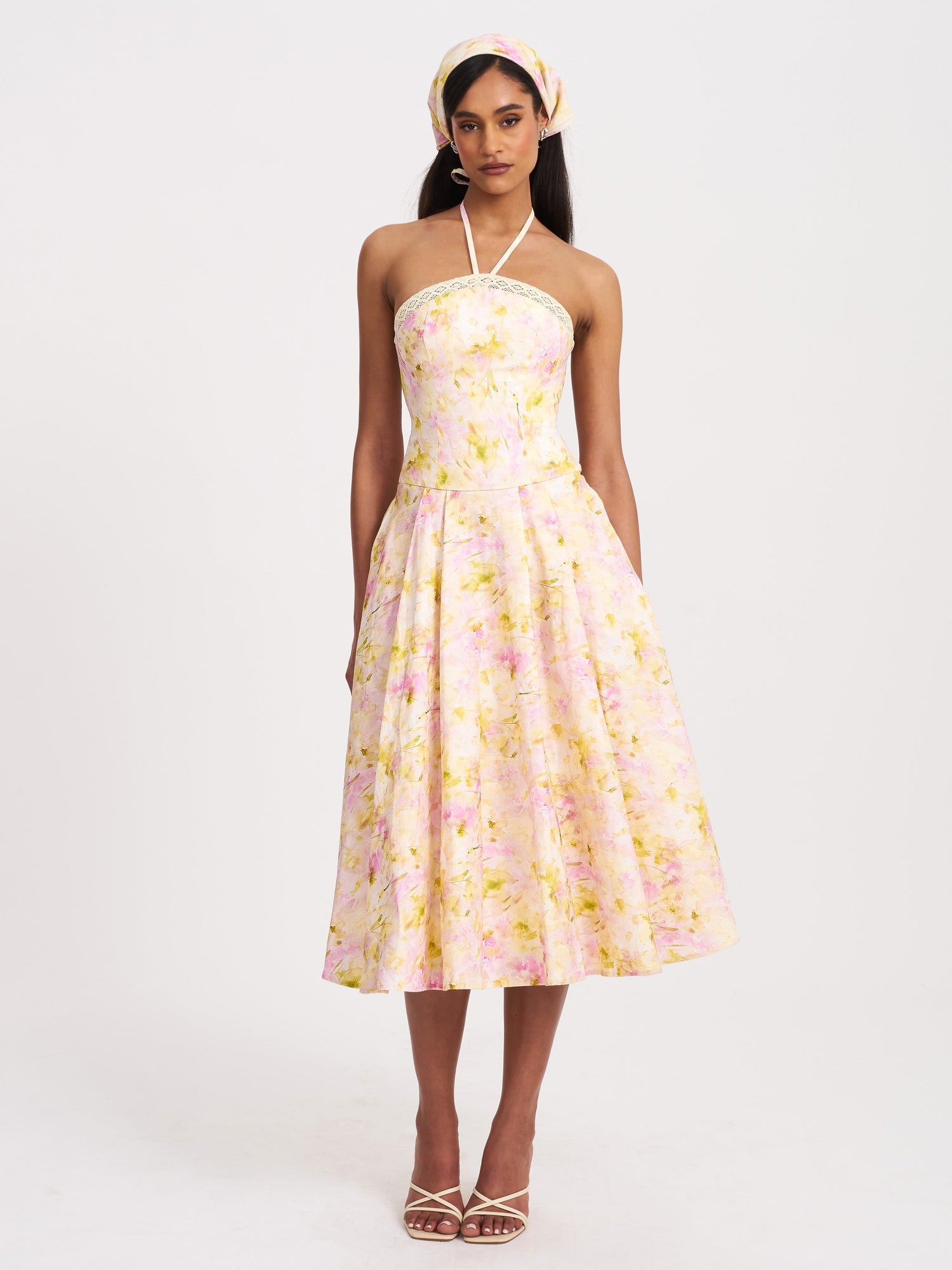 Zaina Floral Print Lace Trim Linen Midi Dress | Yellow and Pink