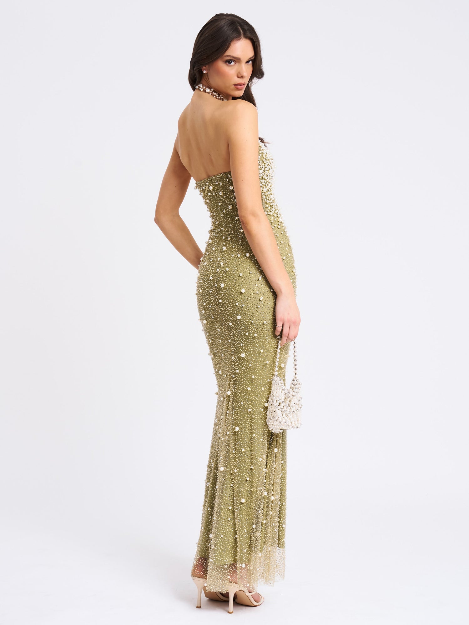 BBC Ginny Pearl Embellished Backless Gown | Pear Green