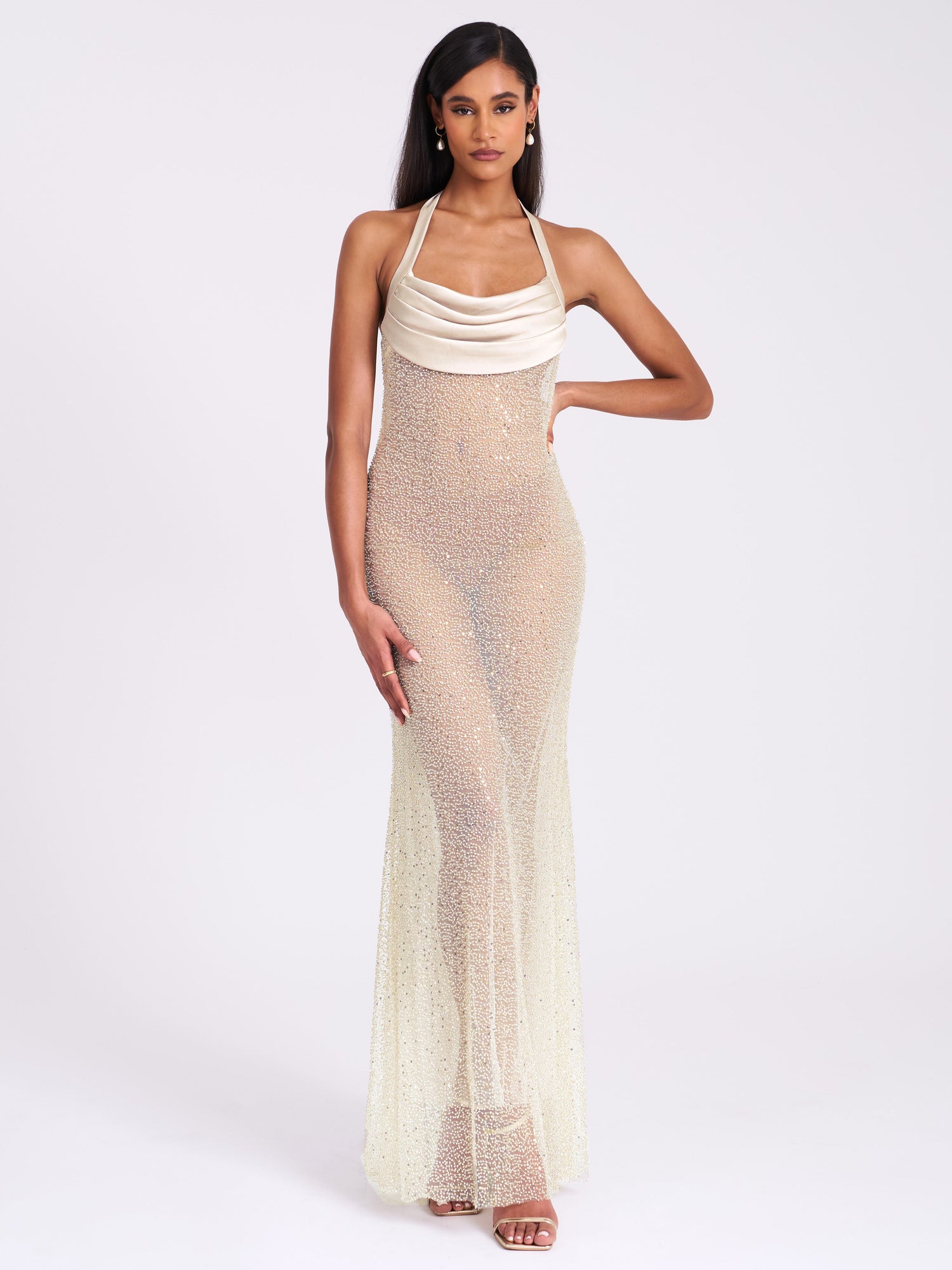 Zahya Halter Backless Beaded Mesh Gown | Lime