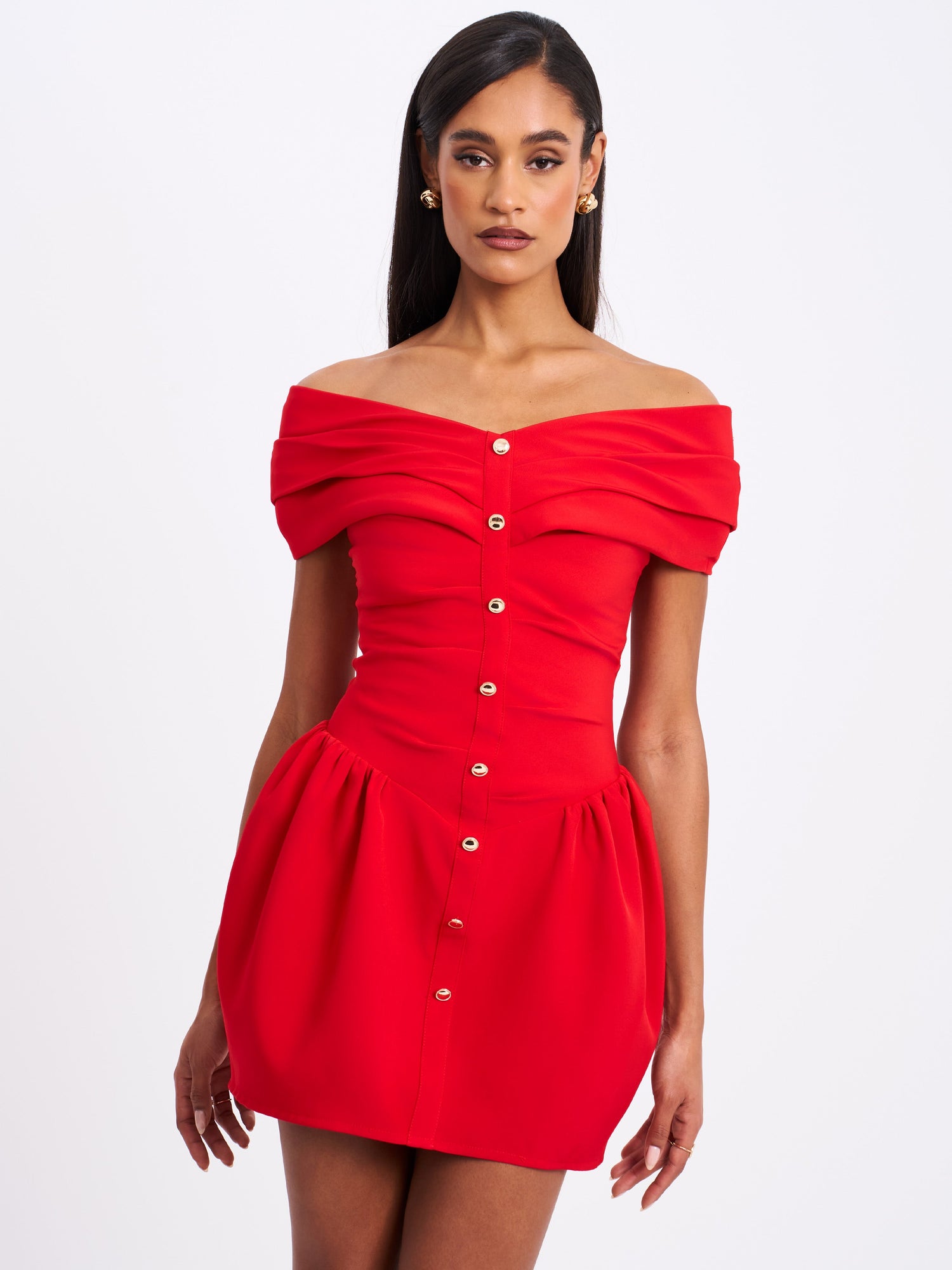Cait Off Shoulder Drop Waist Mini Dress | Red