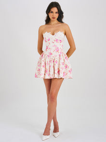 Samara Floral Drop Waist Linen Corset Puffy Mini Dress | Floral Print