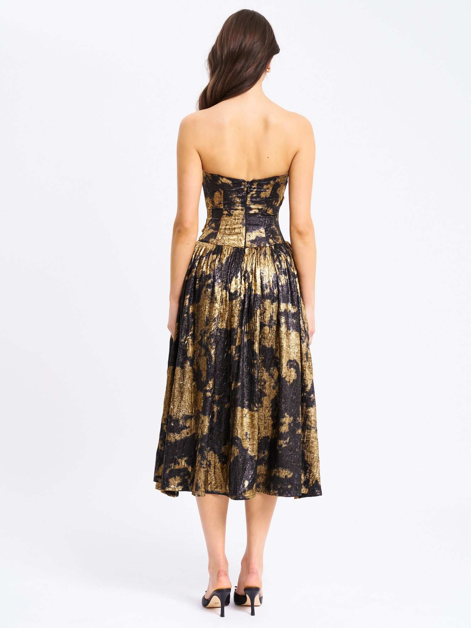 Saanvi Bronzing Strapless Drop Waist Midi Dress | Gold Tie Dye
