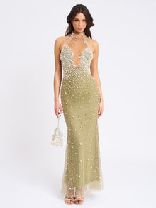 BBC Ginny Pearl Embellished Backless Gown | Pear Green