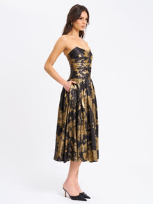 Saanvi Bronzing Strapless Drop Waist Midi Dress | Gold Tie Dye