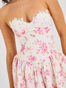 Samara Floral Drop Waist Linen Corset Puffy Mini Dress | Floral Print