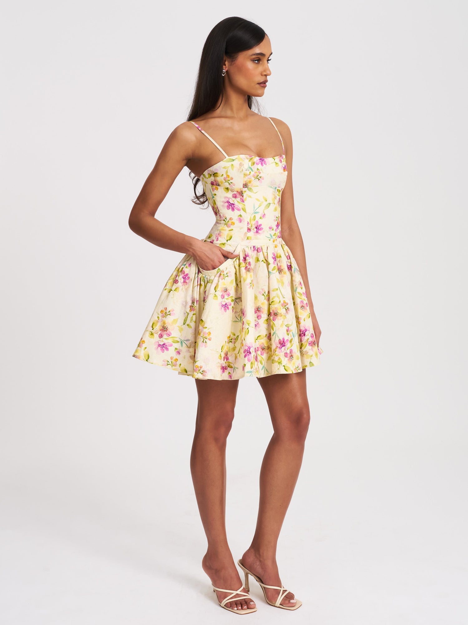 Valda Linen Mini Dress with Pockets | Yellow and Pink Print