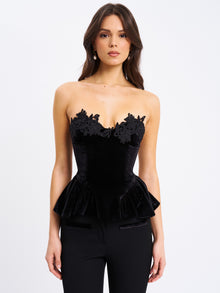 Qiara Velvet Peplum Top with Lace Trim | Black