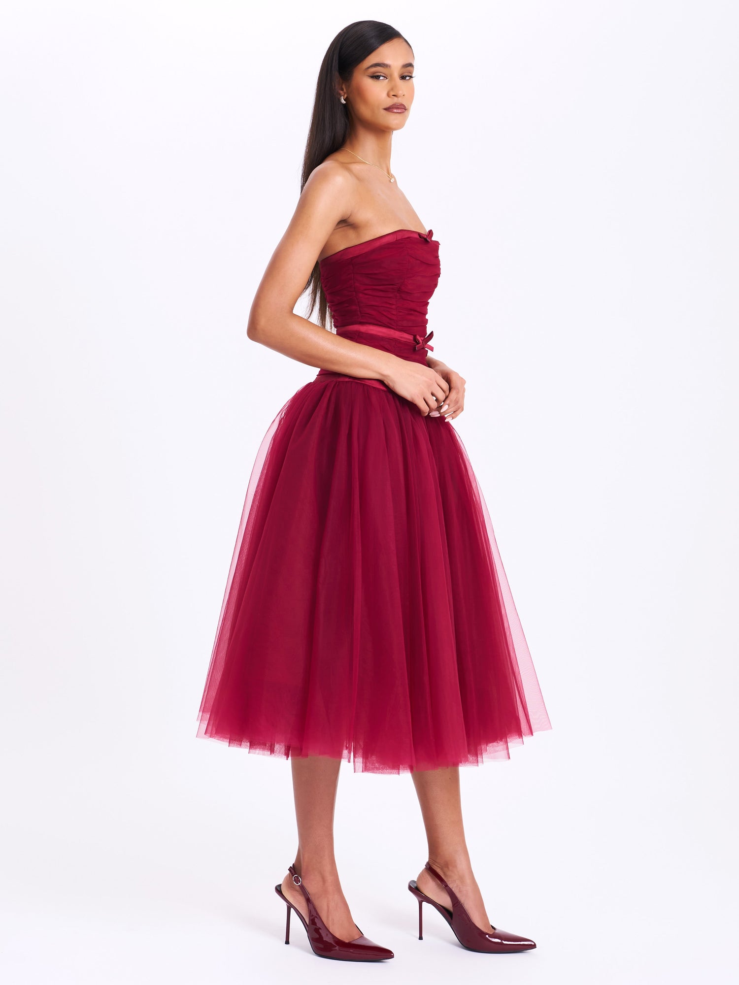 Mabel Drop Waist Layered Mesh Midi Puffy Dress with Bow | Burgundy