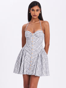 Melody Plaid Tweed Halter Drop Waist Mini Dress | Black and White