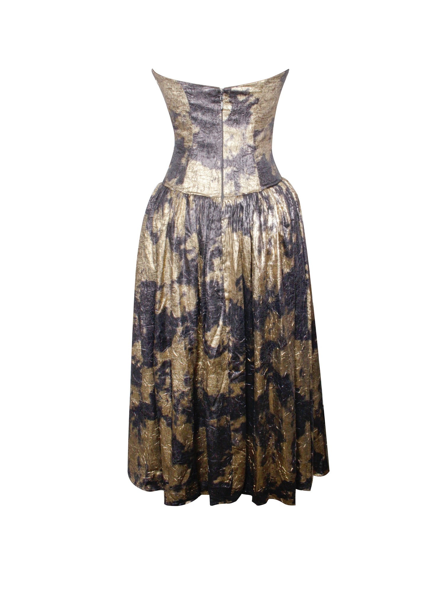 Saanvi Bronzing Strapless Drop Waist Midi Dress | Gold Tie Dye