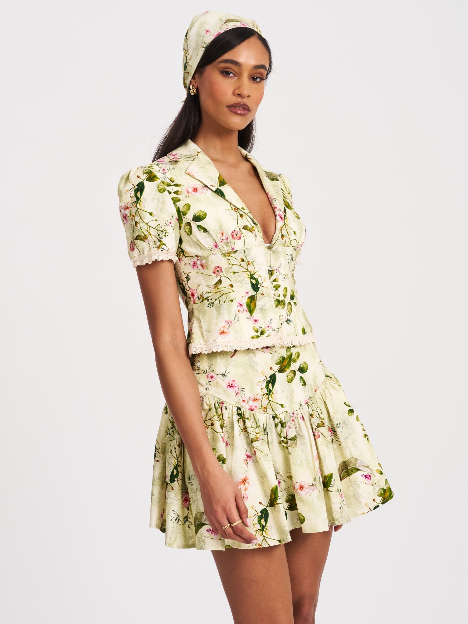 Zanelle Floral Print Drop Waist Linen Full Skirt | Green