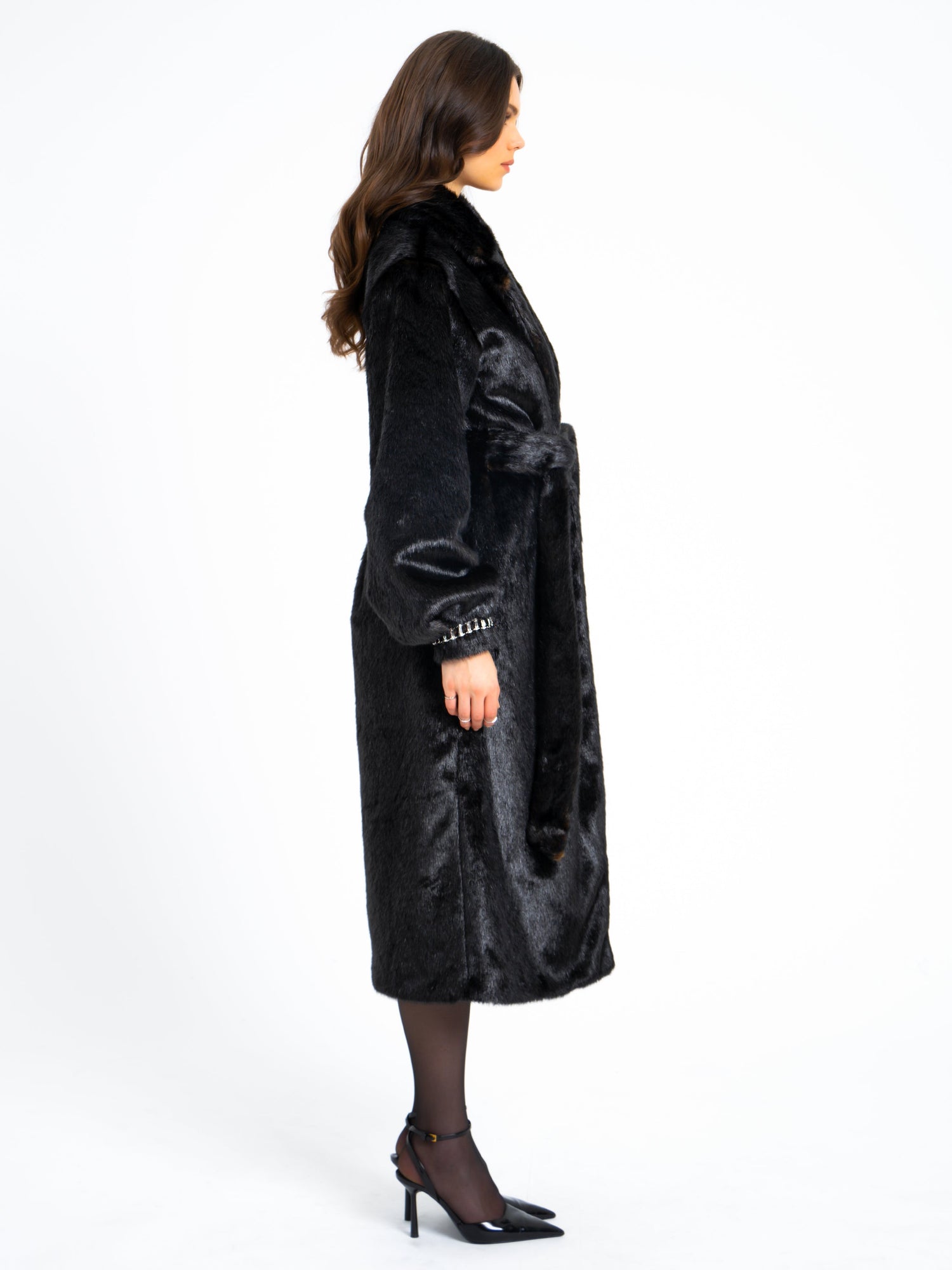 Yahia Vegan Long Faux Mink Coat | Black