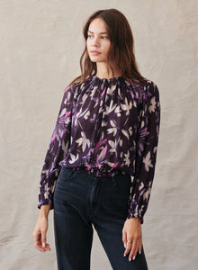 Long Sleeve Smocked Neck Pullover - Floral Plum Print