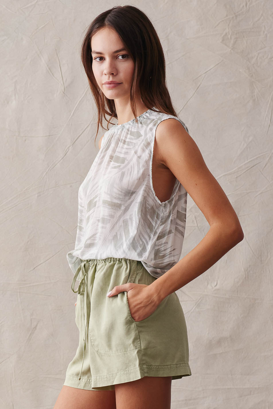 Smocked Neck Blouse | Brushed Palm Print