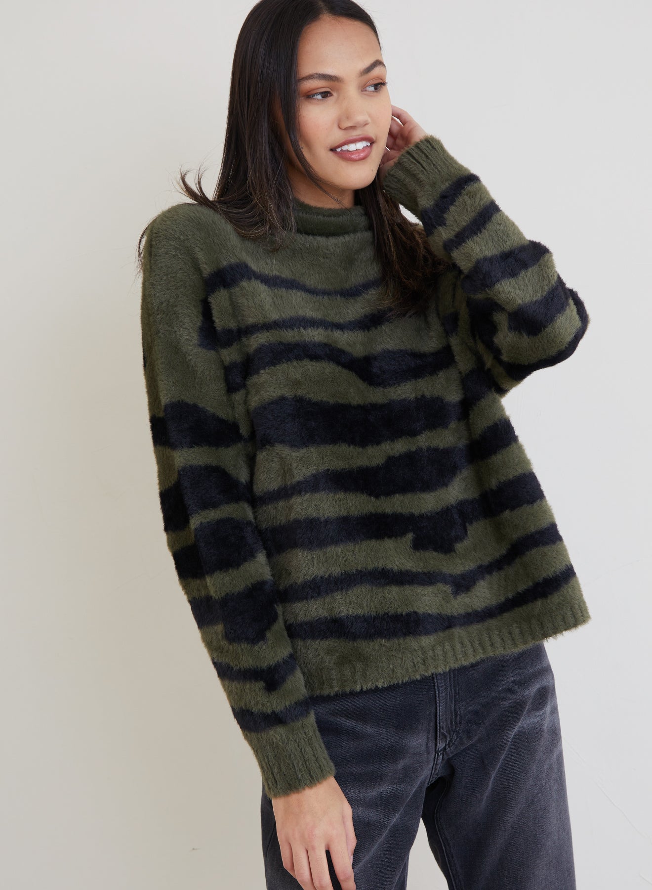 Mock Neck Sweater - Jasper Green Zebra