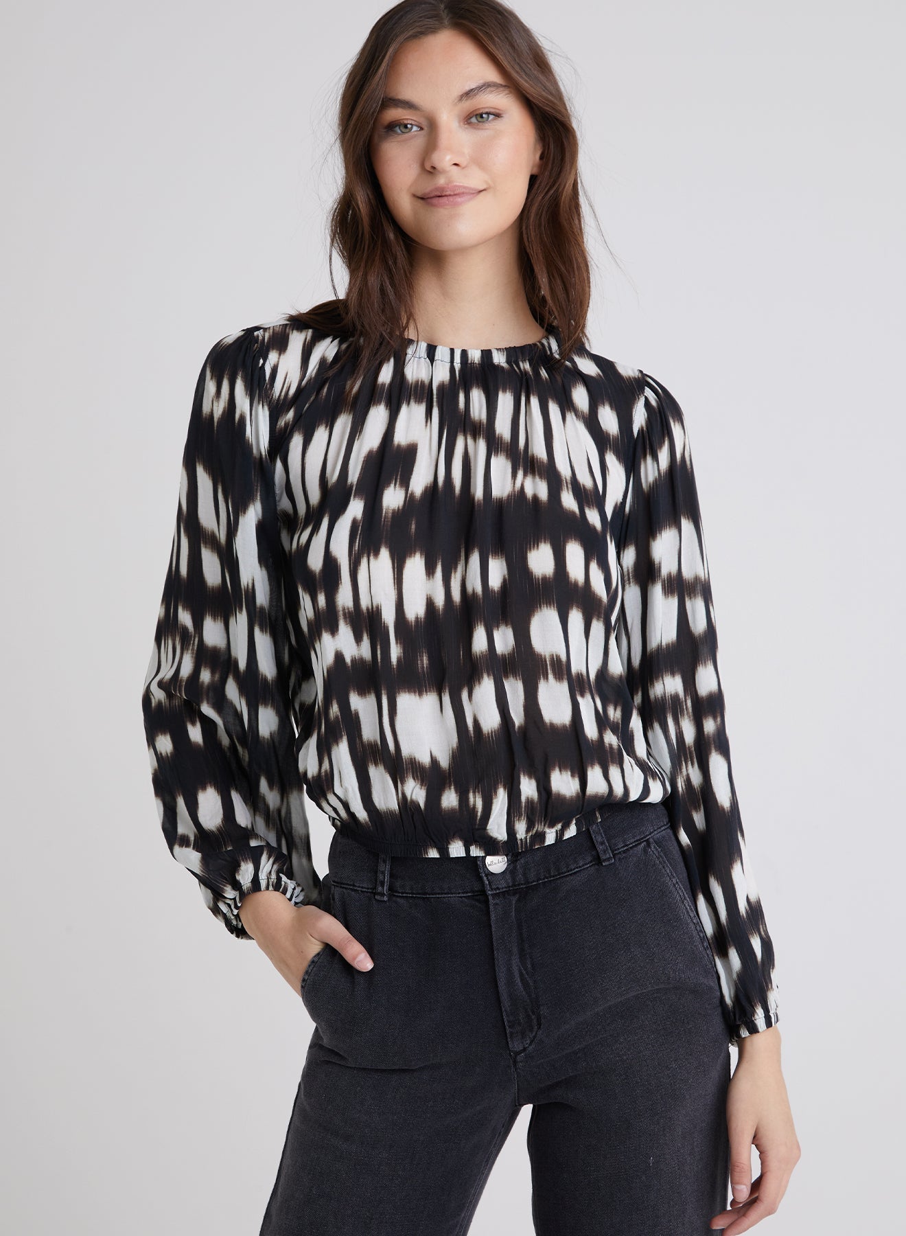 Elastic Shirred Top - Blurred Ikat Print