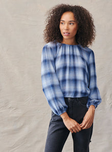 Elastic Shirred Top - Indigo Heather Plaid