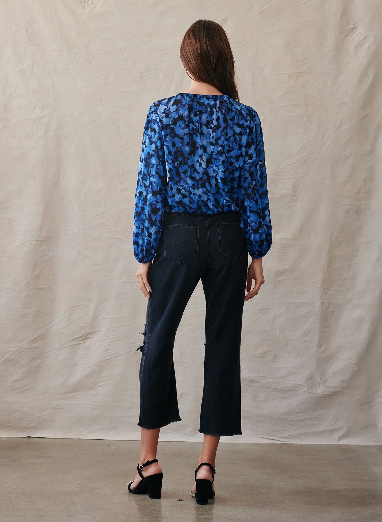 Elastic Shirred Top - Cobalt Floral Print