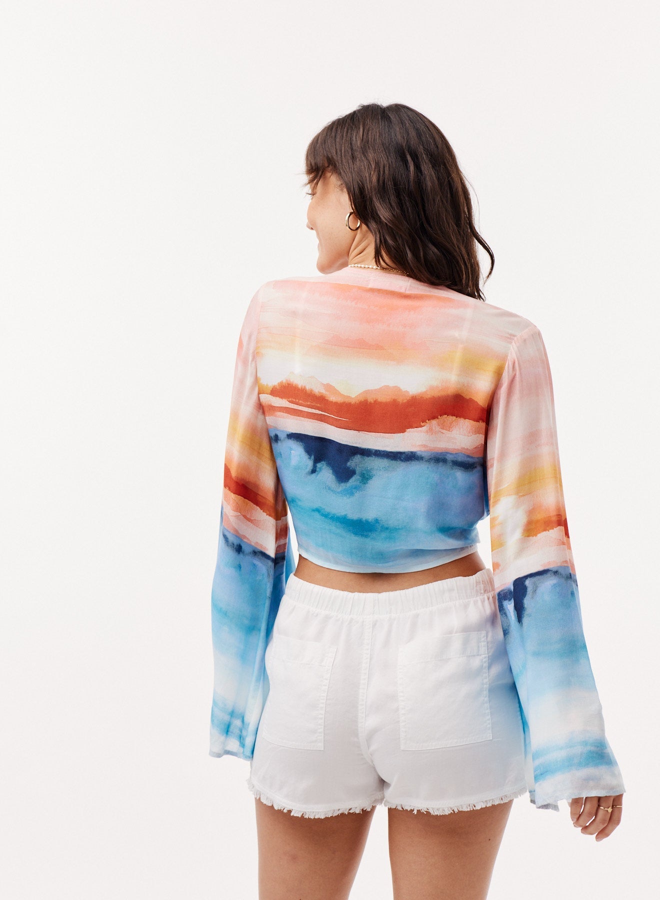 Tie Front Flare Sleeve Blouse |Horizon Sunset Print