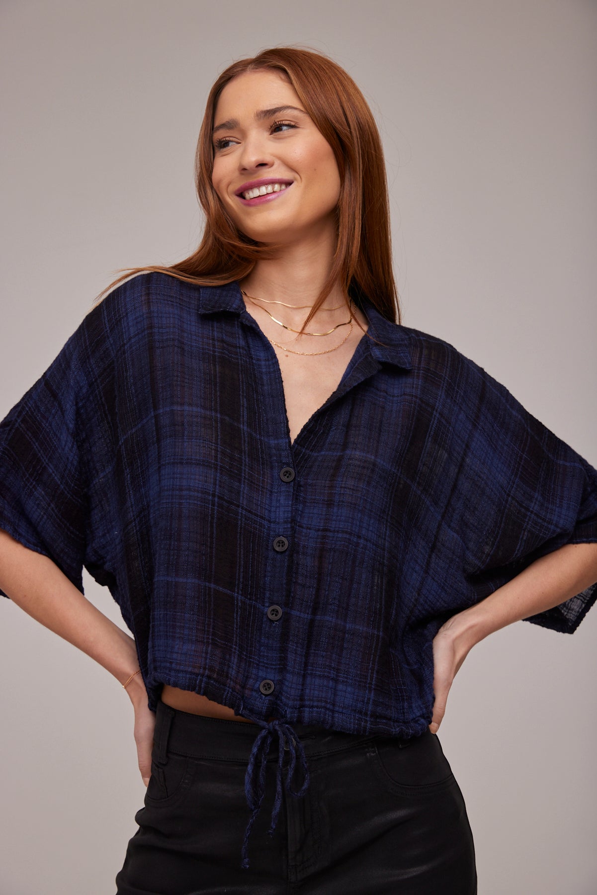 Flowy Tie Waist Shirt - Admiral Blue Plaid