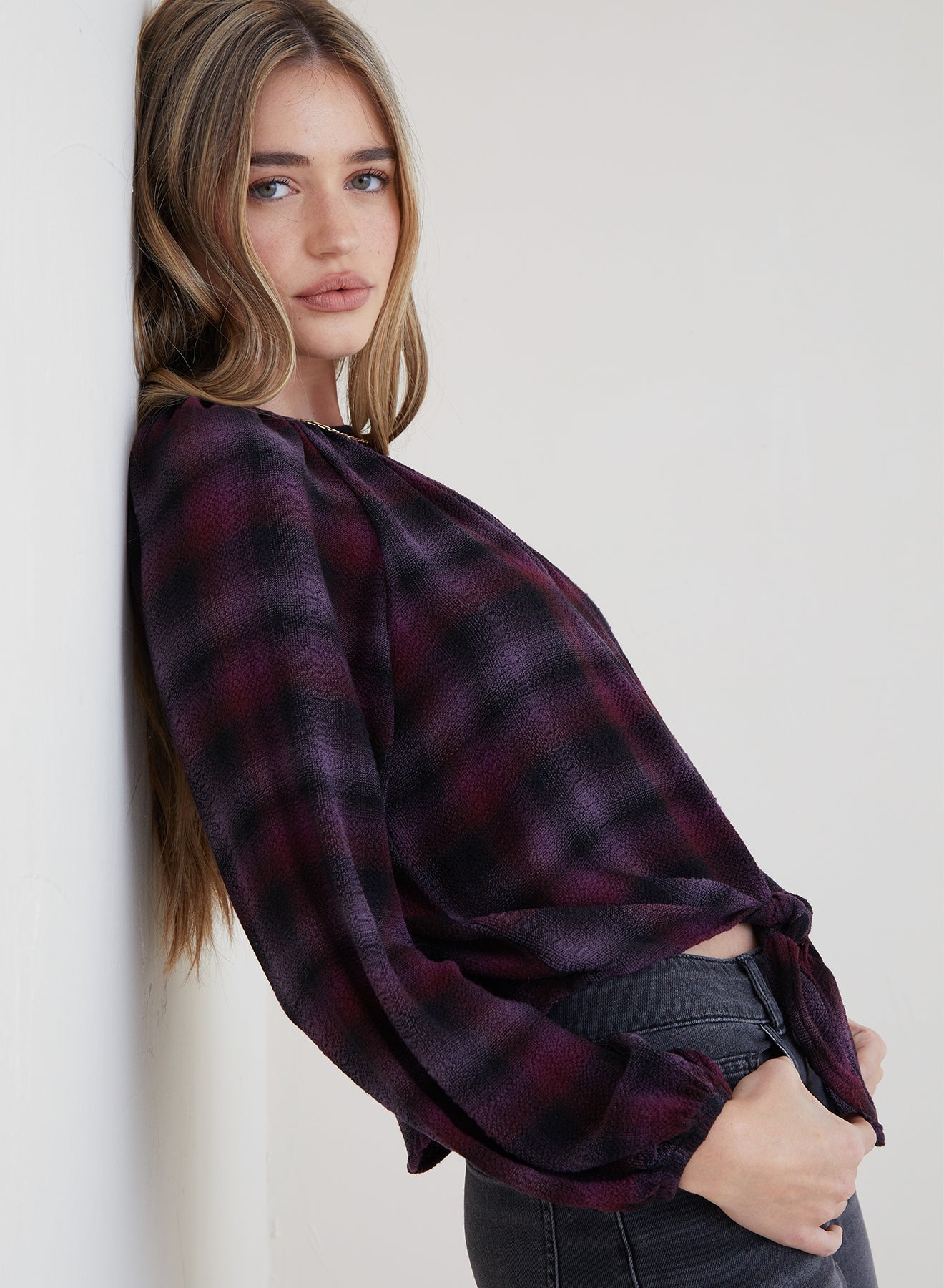 Plaid Long Sleeve Tie Front Blouse - Boysenberry Plaid