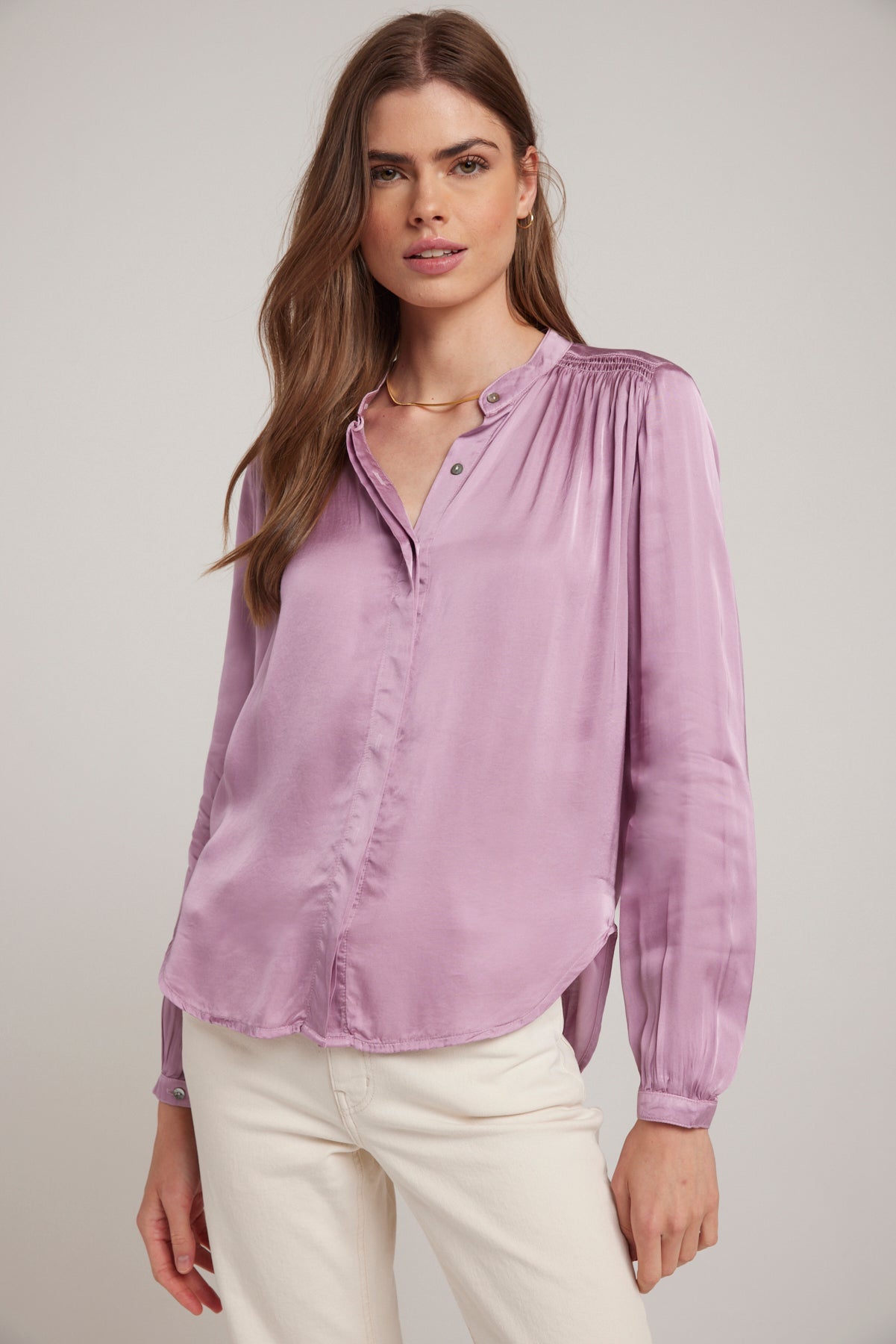 Smocked Button Down Shirt - Icy Orchid