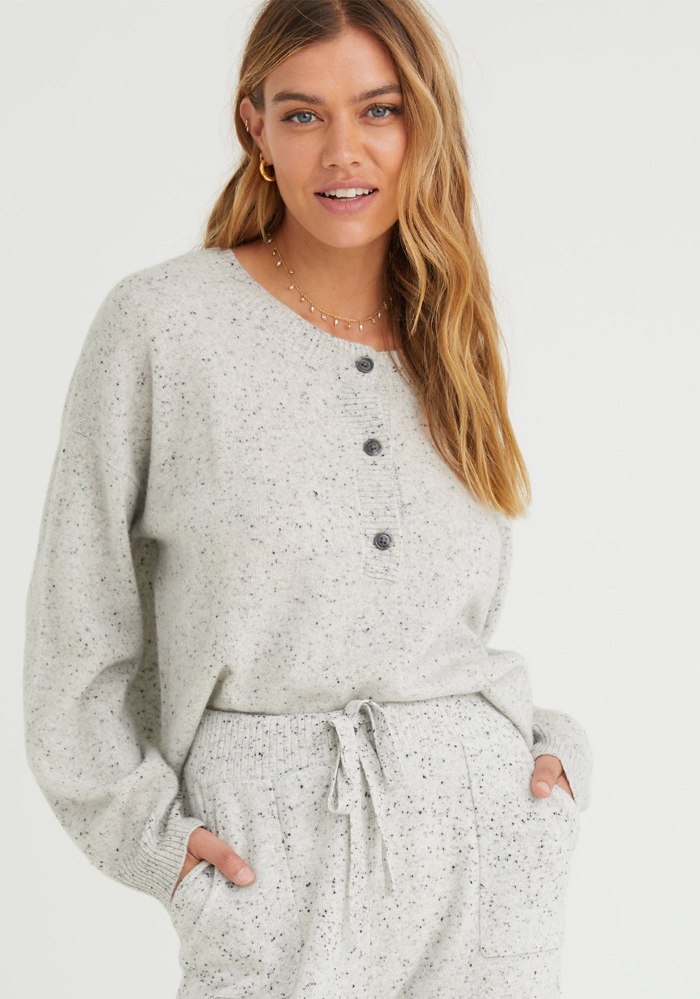 Cashmere Henley Sweater - Light Grey Speckle