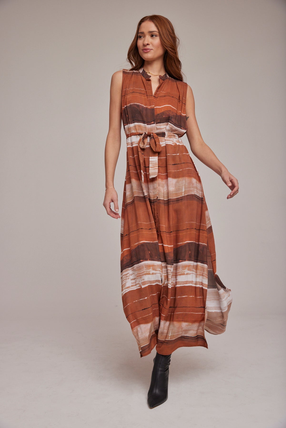 Sleeveless Pleat Front Maxi Dress - Rust Stripes Print