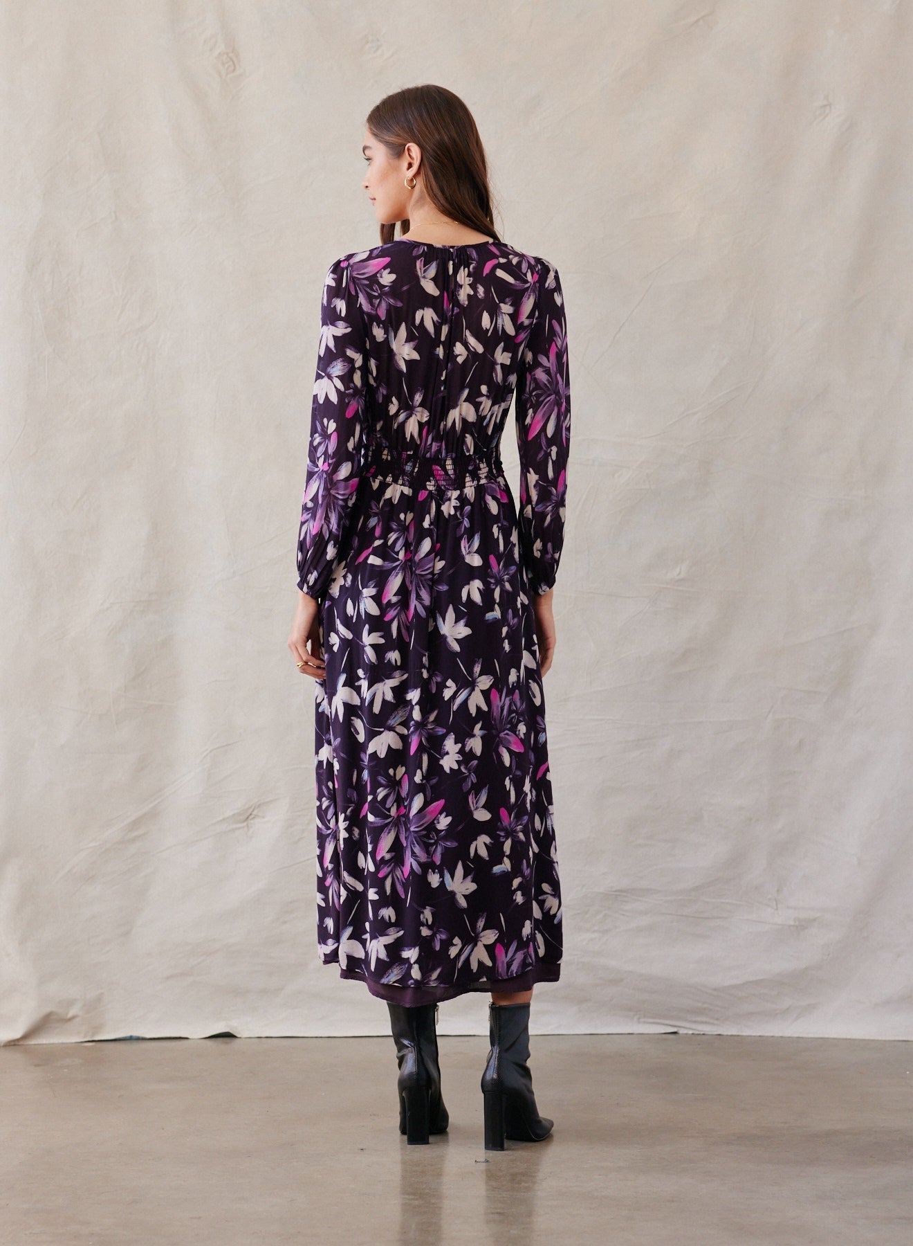 Smocked Back Maxi Dress - Floral Plum Print