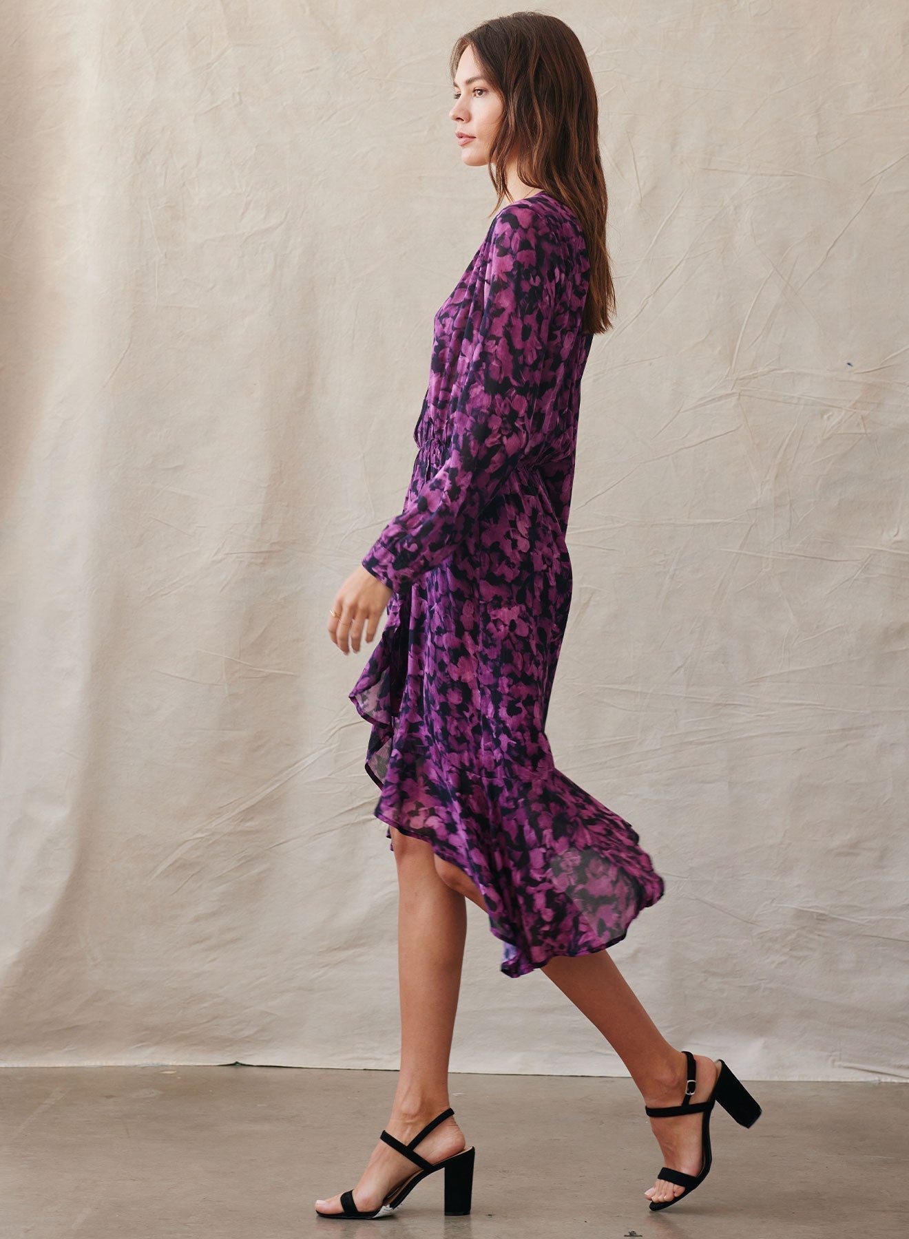 Ruffled V-Neck Midi Dress - Berry Floral Print