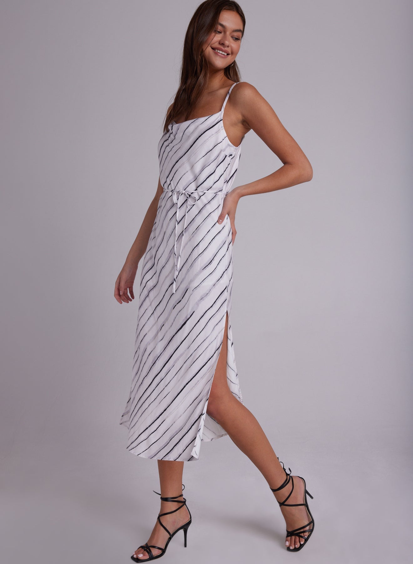 Belted Bias Slip Dress - Frosted Stripe Print