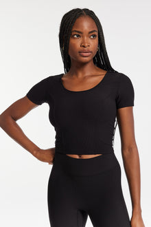 Bandier | Rib Crop Short Sleeve Top | Black Rib